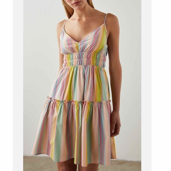 Rails Carmen Mini Dress Guava Rainbow Stripe Smocked Adjustable Fit Flare - Picture 5 of 10